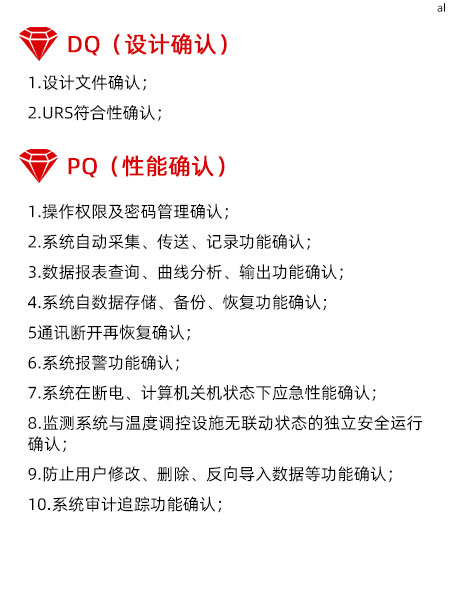 溫濕度監(jiān)測系統(tǒng)GMP驗證PQ項目內(nèi)容有操作權(quán)限及密碼管理確認 、系統(tǒng)自動采集、傳送、記錄功能確認、數(shù)據(jù)報表查詢、曲線分析、輸出功能確認、系統(tǒng)自數(shù)據(jù)存儲、備份、恢復功能確認、通訊斷開再恢復確認、系統(tǒng)報警功能確認、系統(tǒng)在斷電、計算機關(guān)機狀態(tài)下應急性能確認、監(jiān)測系統(tǒng)與溫度調(diào)控設(shè)施無聯(lián)動狀態(tài)的獨立安全運行確認、防止用戶修改、刪除、反向?qū)霐?shù)據(jù)等功能確認、系統(tǒng)審計追蹤功能確認、系統(tǒng)性能效率確認、系統(tǒng)參數(shù)設(shè)置確認。